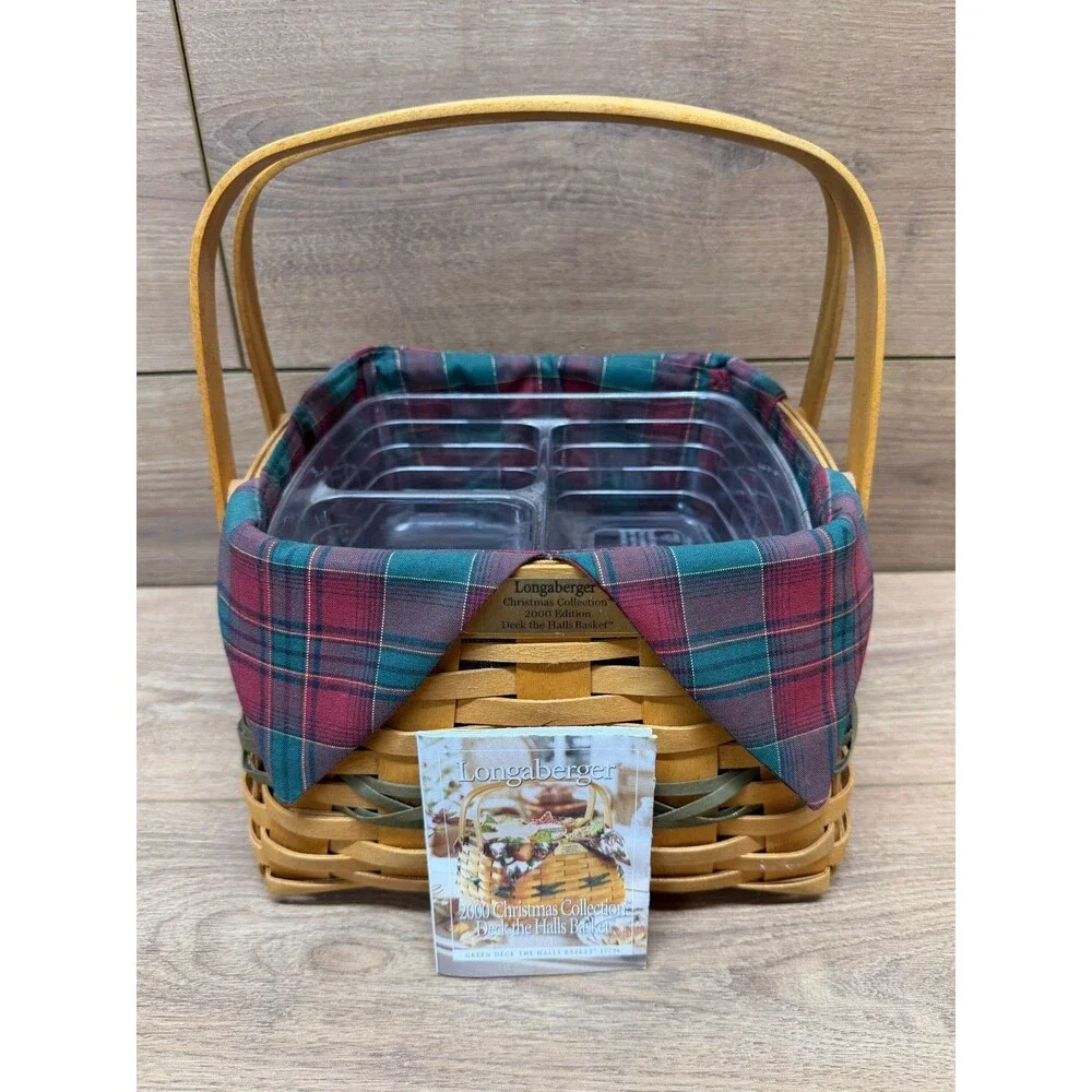 Longaberger Deck The Halls Basket 2000 Plaid Liner & Plastic Inserts
